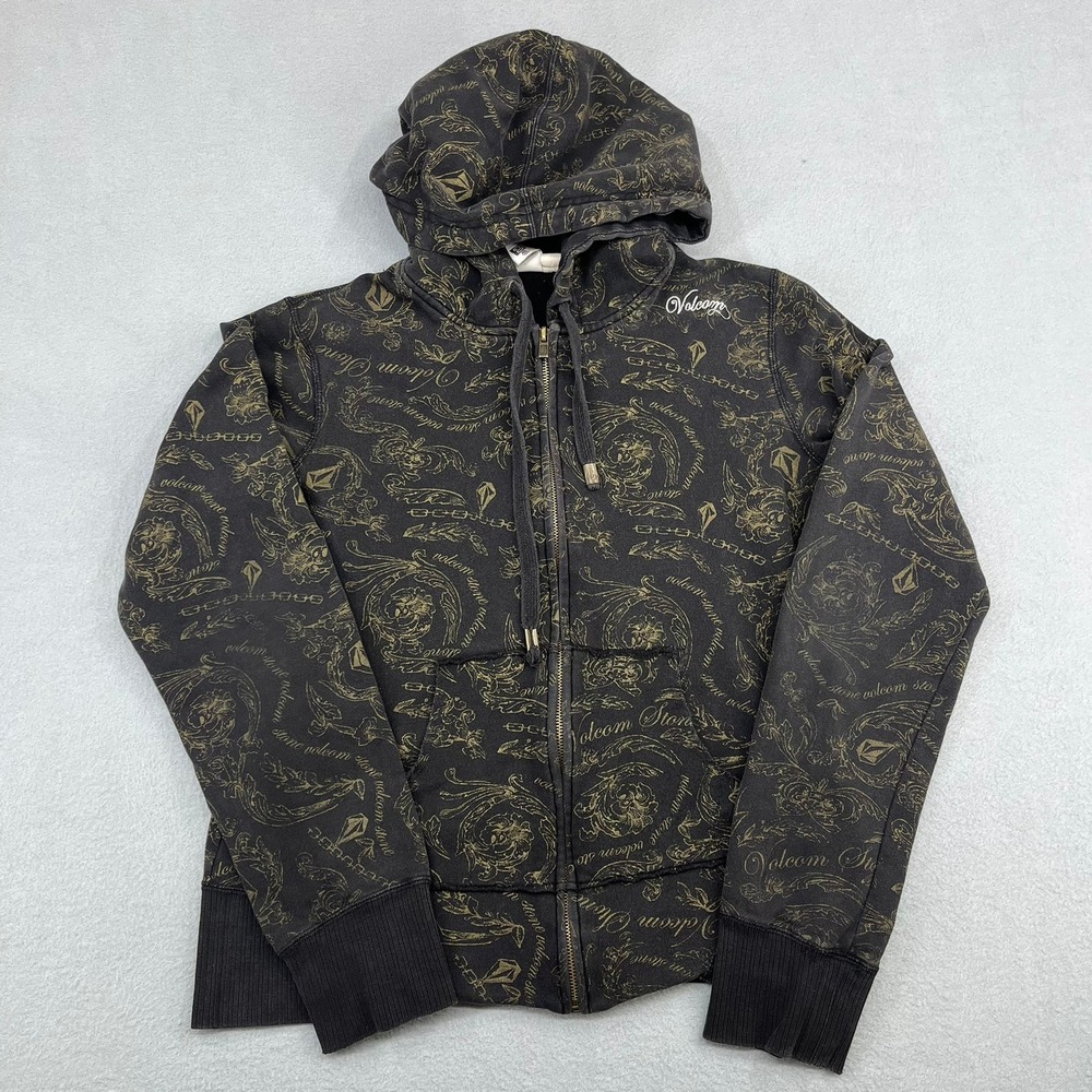 Volcom Stone Kids Zip Up Hoodie Black Gold Filigree Logo Print Size Large